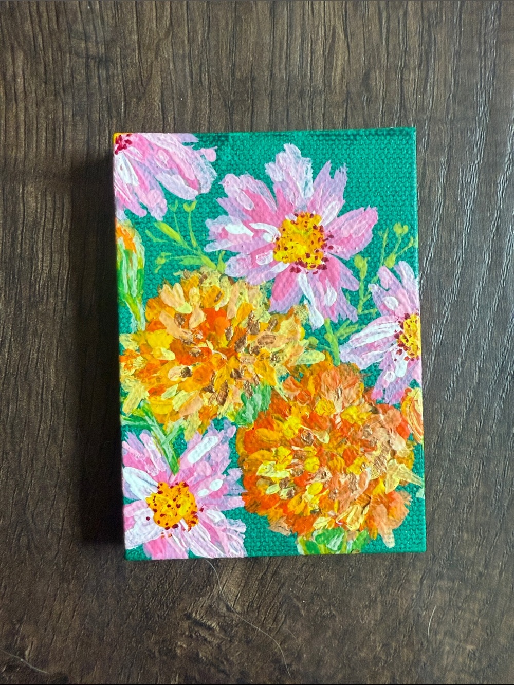 Original Floral Acrylic Canvas Painting - Pink Cosmos & Orange Flowers on Teal